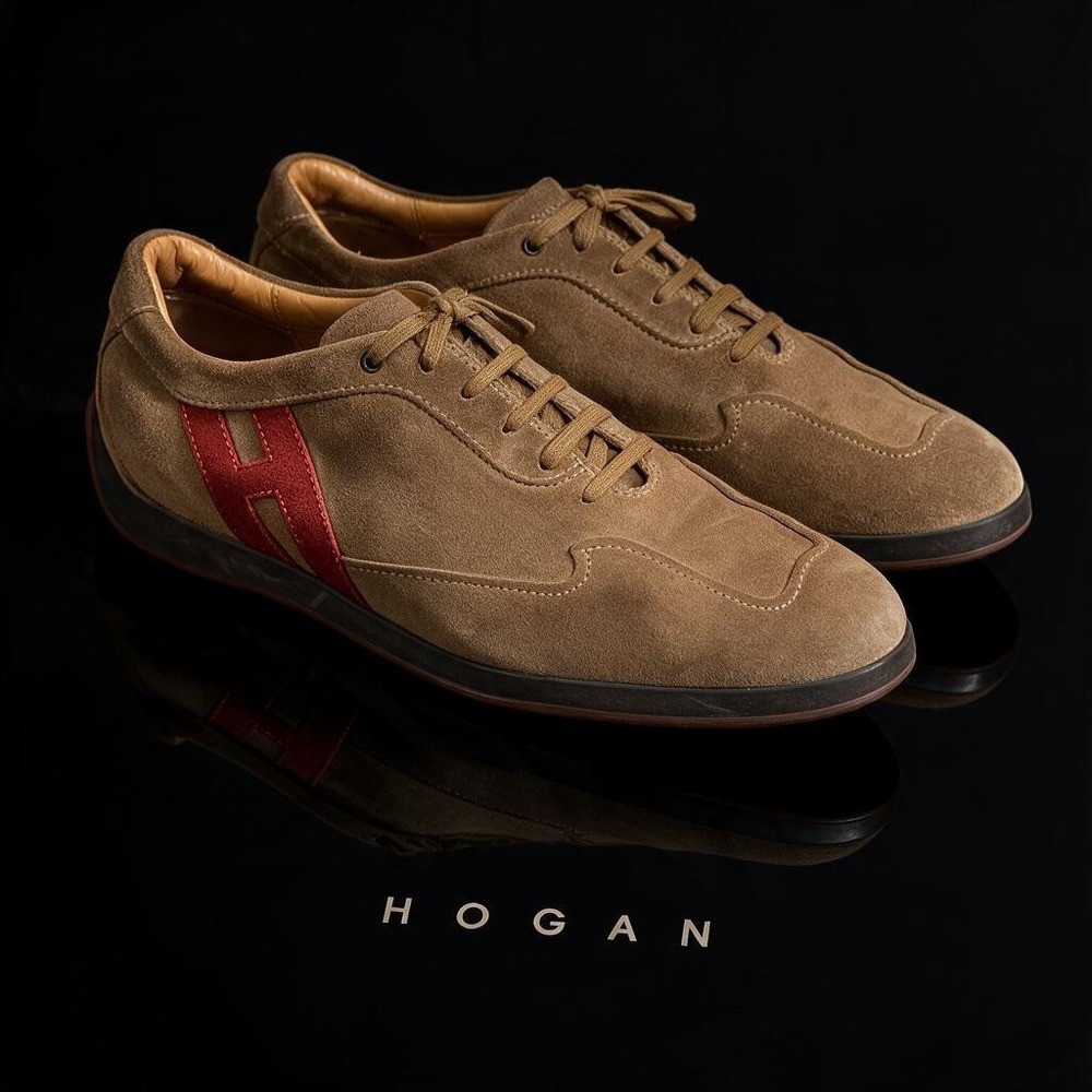 Hogan Mens Olive Brown Suede Low Top Sneakers Red H Logo Made in Italy